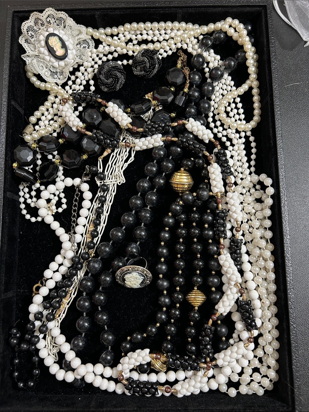 Classic Black & White Beaded Statement Necklace Set